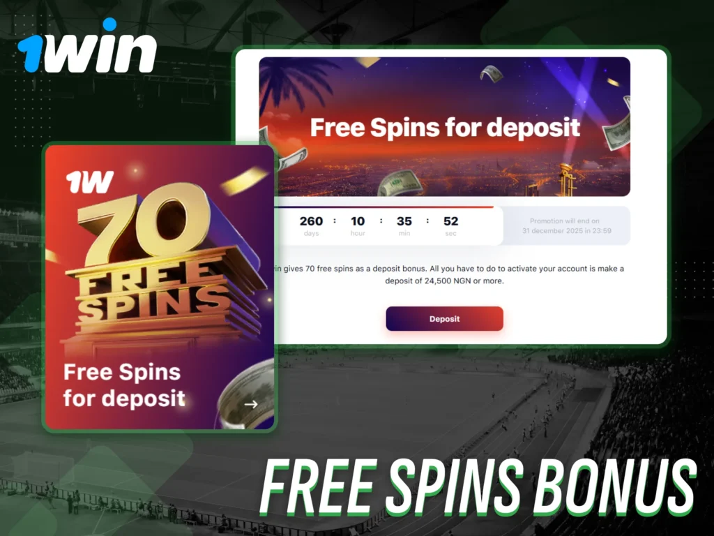 Enjoy Free Spins Bonus on selected slots at 1win Nigeria.