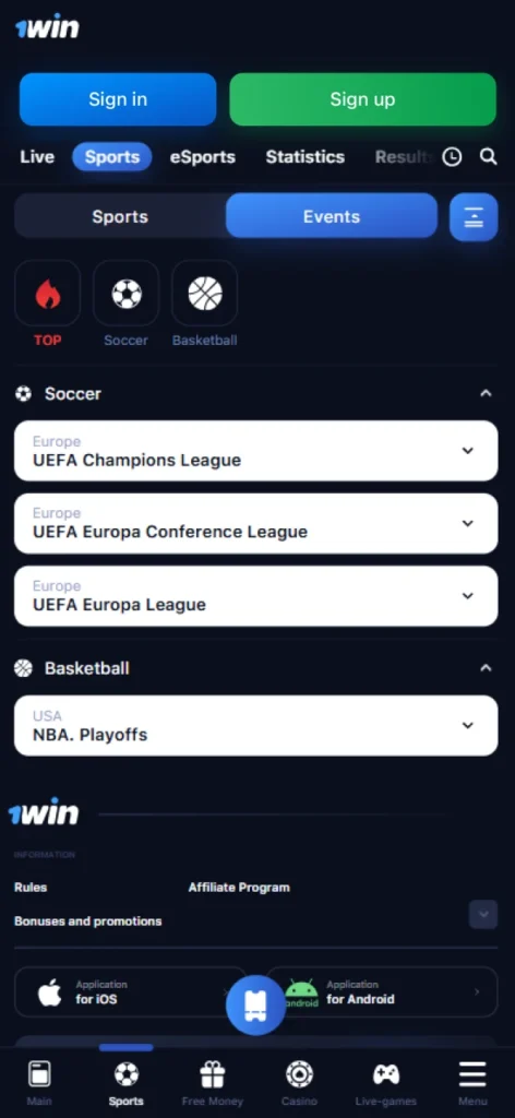 1Win offers many events for sports betting.