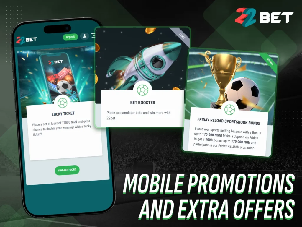 Explore mobile promotions and extra offers in the 22bet app.