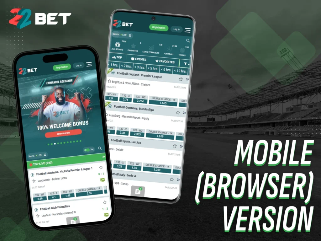 Bet anytime using the mobile browser version of 22bet.