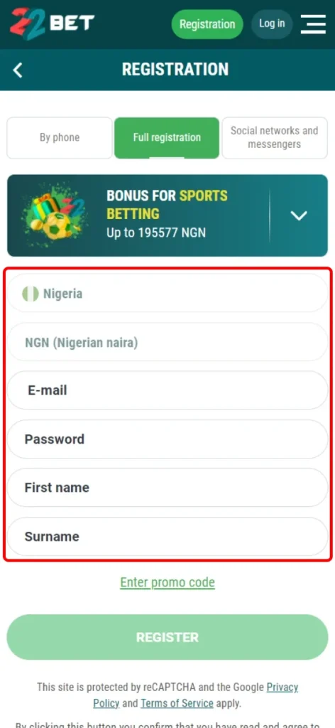 Fill in your personal details in the 22Bet registration form.