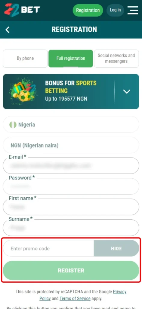 You have now created your 22Bet account.