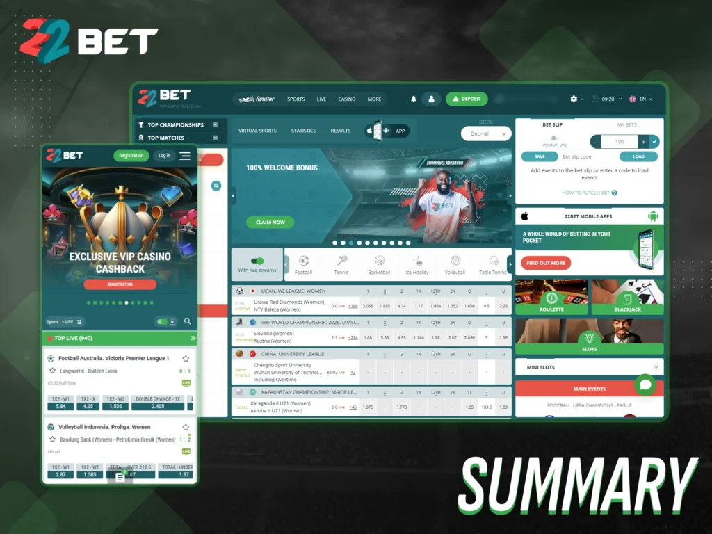 Review the summary of what 22bet offers Nigerian users.