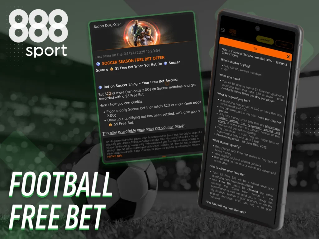 Earn a football free bet by betting in the 888sport app.