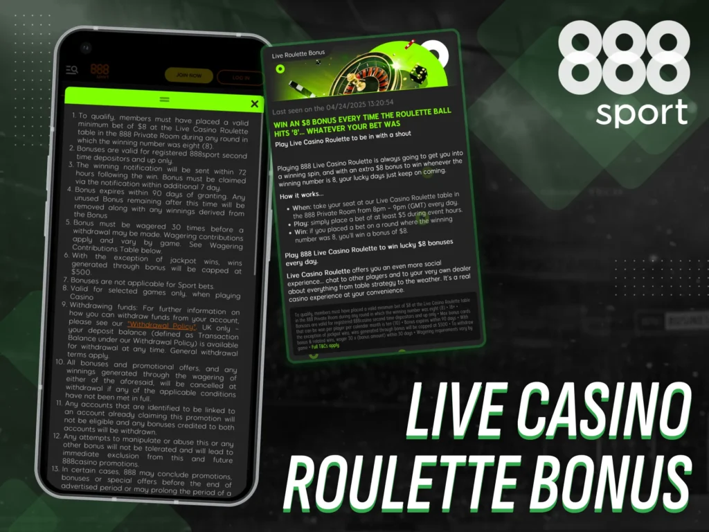 Enjoy a live casino roulette bonus via the 888sport mobile app.