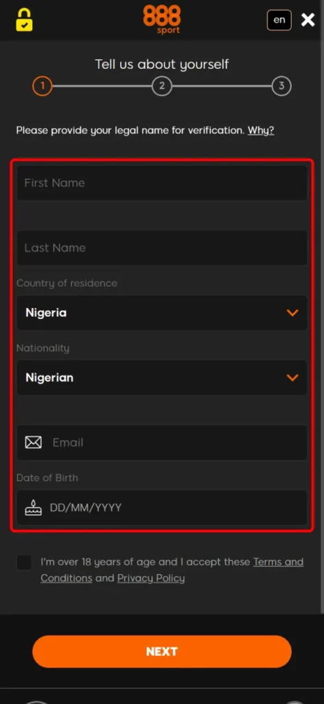 Enter your real name and email when registering at 888Sport.