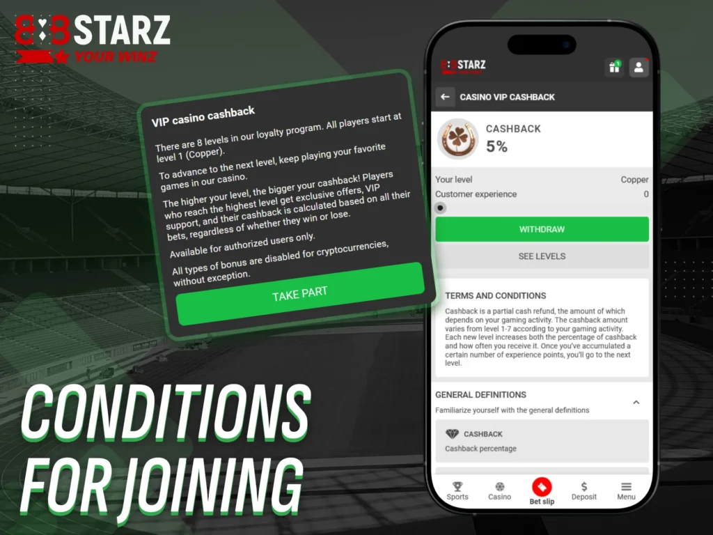 Check the terms to join the 888starz VIP program in Nigeria.