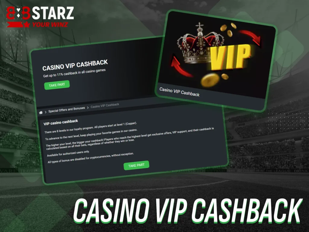 Receive weekly casino cashback through the 888starz VIP program.