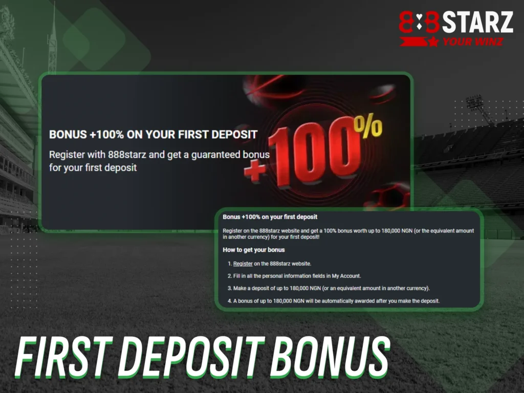 Get started on 888starz Nigeria with a generous first deposit bonus.