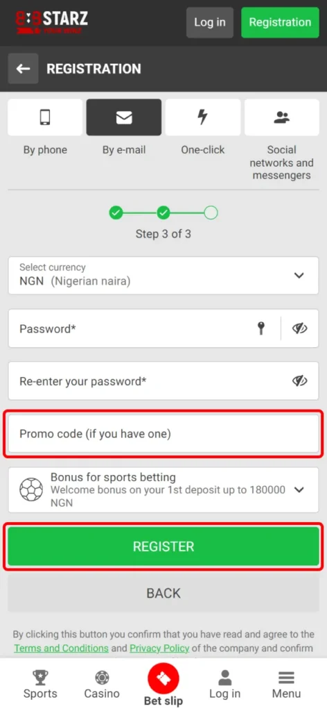 Enter the promo code on the 888Starz to get the bonus after registration.