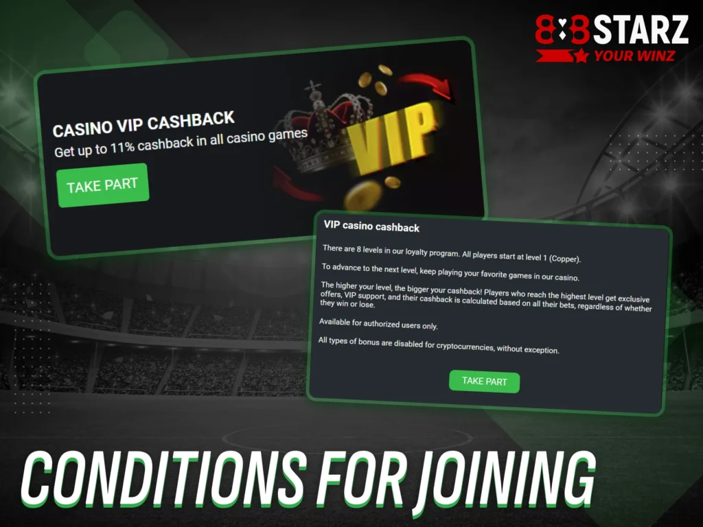 Review the terms required to enter the VIP program at 888starz.