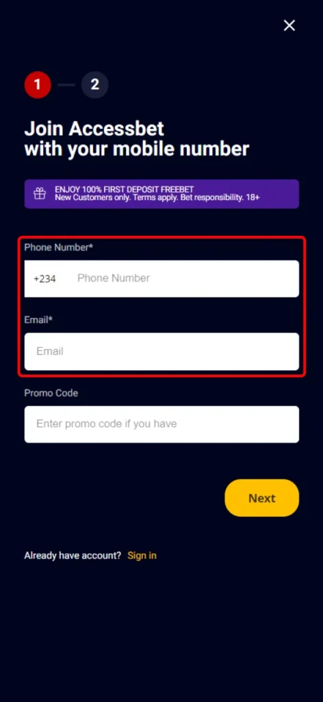 Accessbet requires personal details to register a user account.