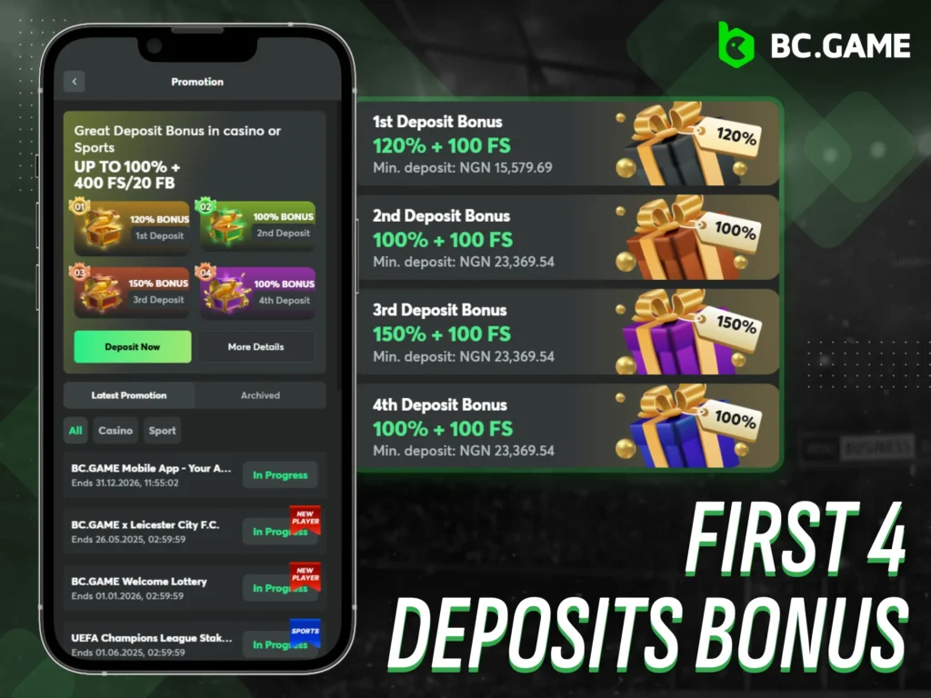 Get bonuses for your first four deposits at BC Game.