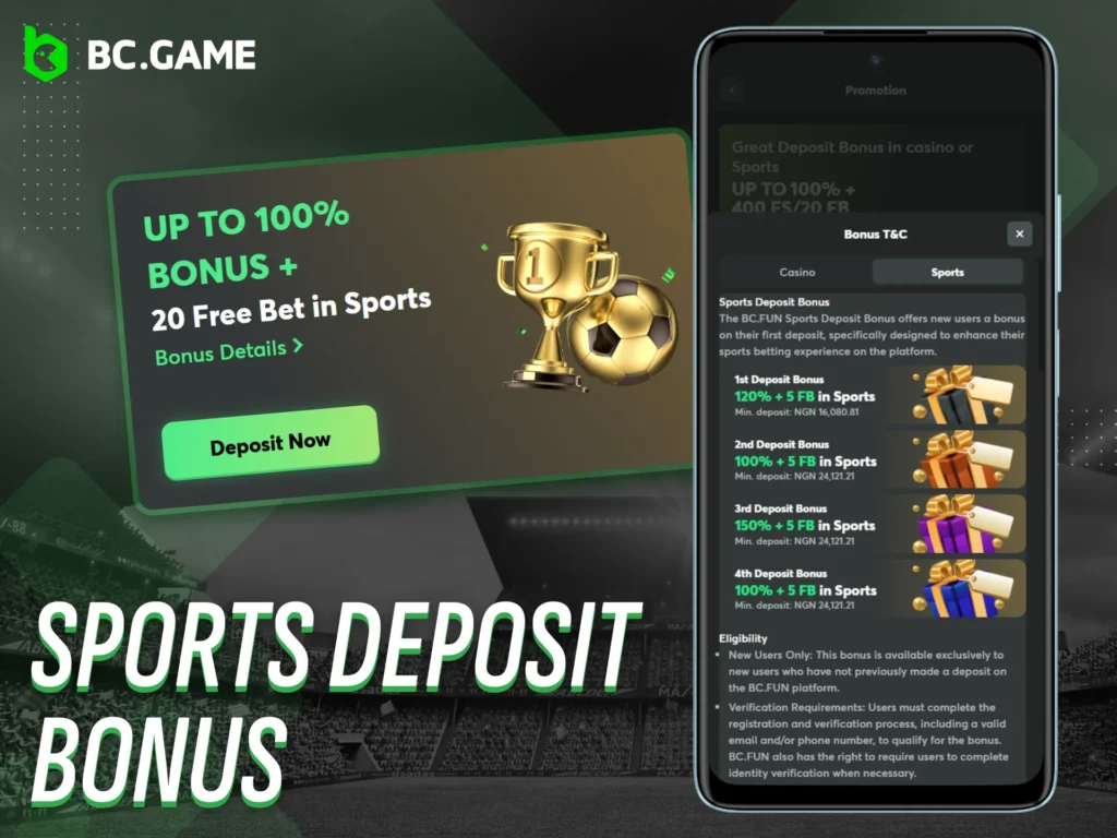 Claim a sports deposit bonus through the BC Game app.
