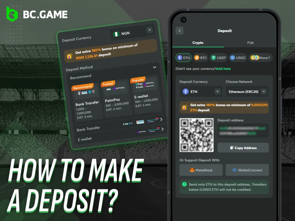 Make a deposit instantly through the BC Game mobile app.