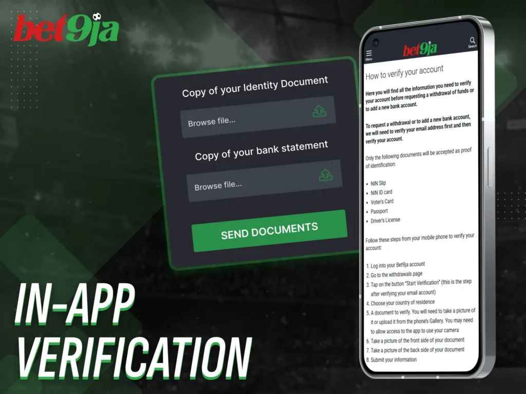 Verify your Bet9Ja app account directly through the app settings.