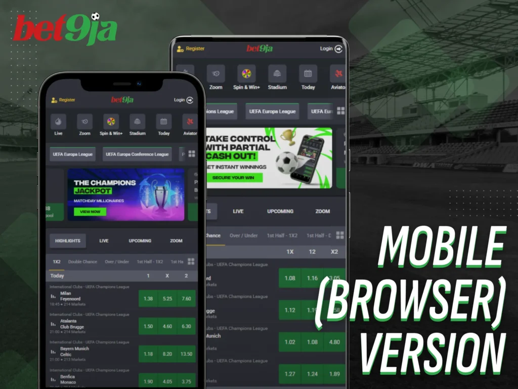 Access Bet9Ja through your mobile browser for betting on the go.