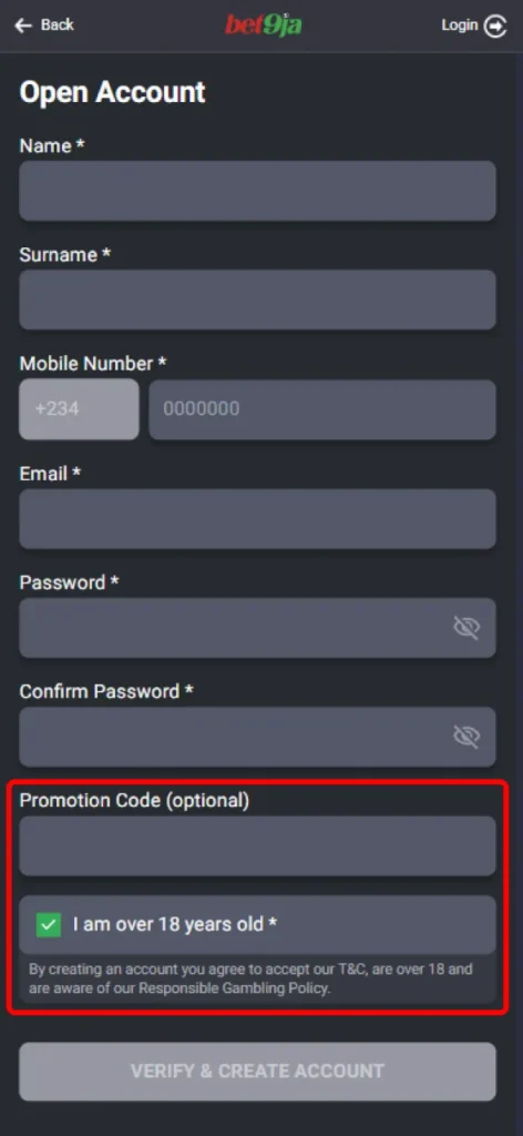 Apply an available promo code during sign-up at Bet9Ja.