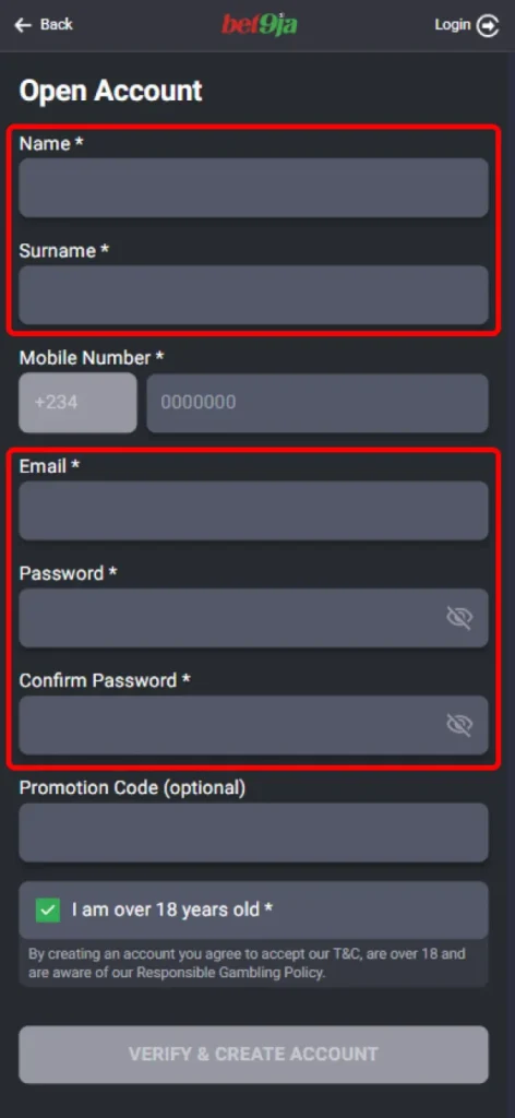 Provide your personal information in the required fields on Bet9Ja's website.