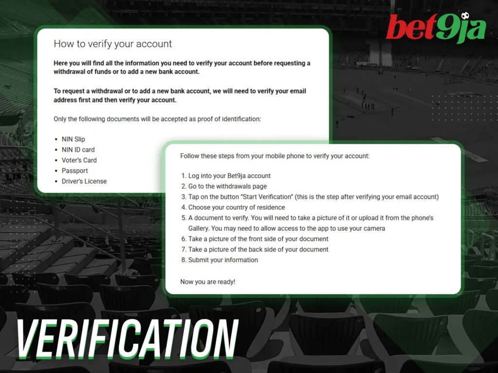 Complete the verification process to unlock all Bet9Ja features.