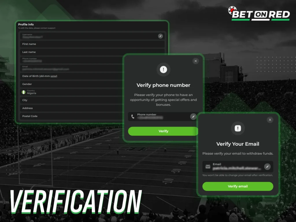 Verify your account to access all Betonred features and bonuses.