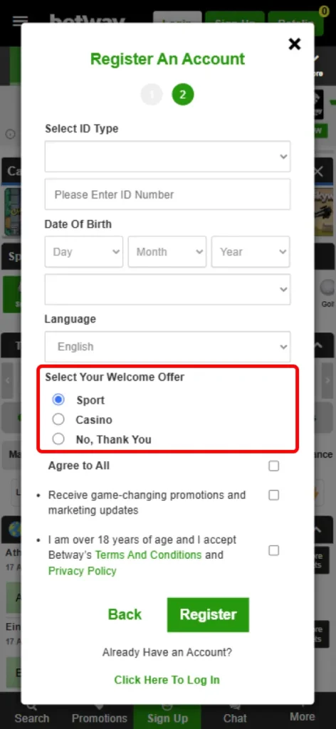 Choose a welcome bonus when registering on the Betway website.