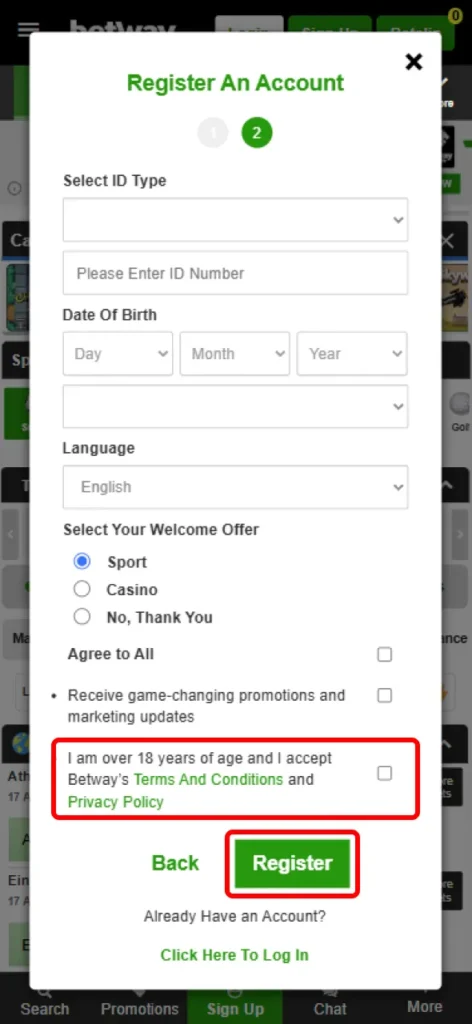 Complete your registration by clicking sign-up at Betway.