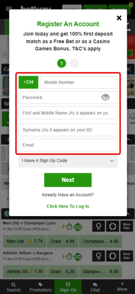 Enter your information in the appropriate fields on the Betway website.